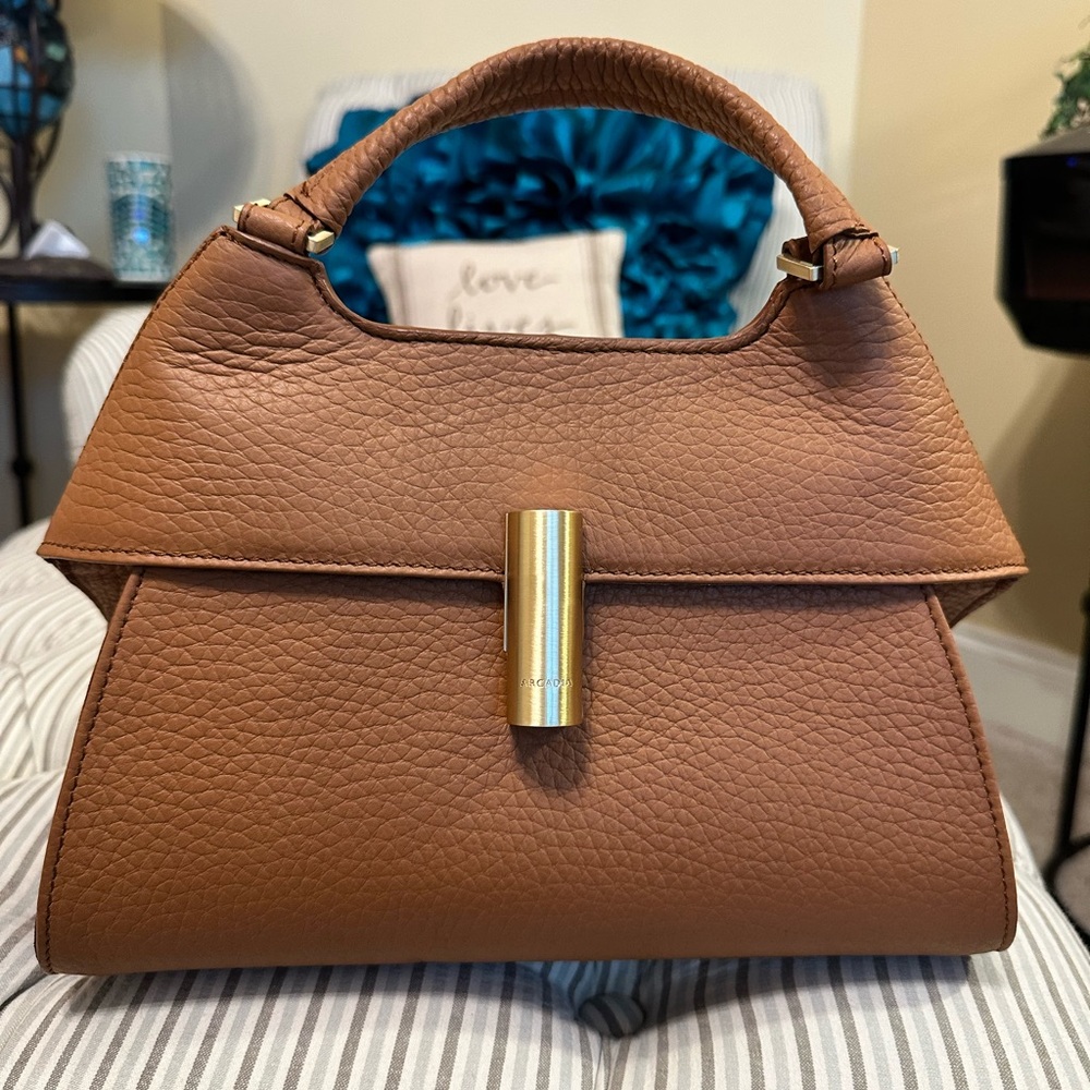 Arcadia Brown Leather Satchel with Gold Accent